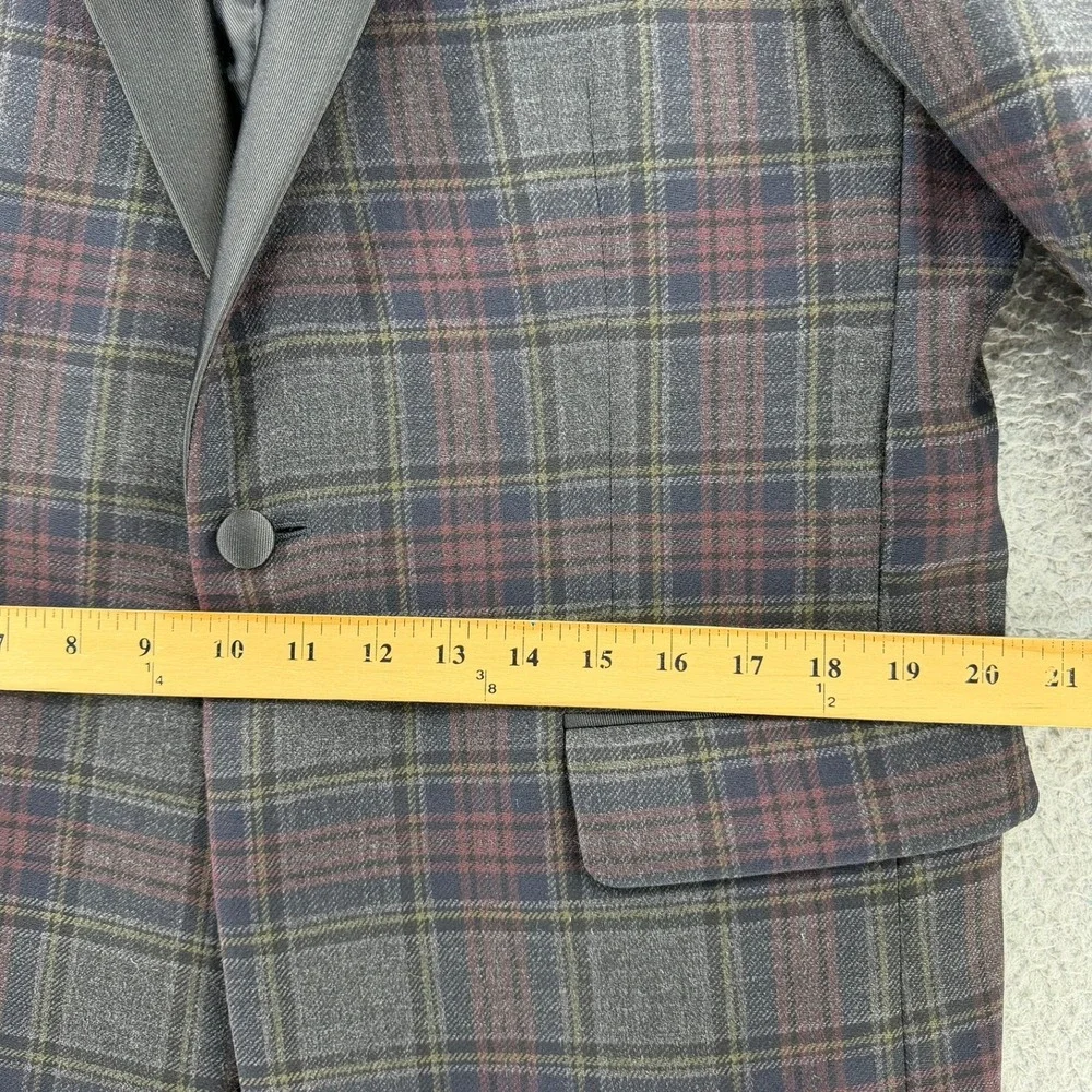NEW Jos A Bank Plaid Tuxedo Dinner Jacket Satin Peak Lapel Burgundy Gray Men 42R
